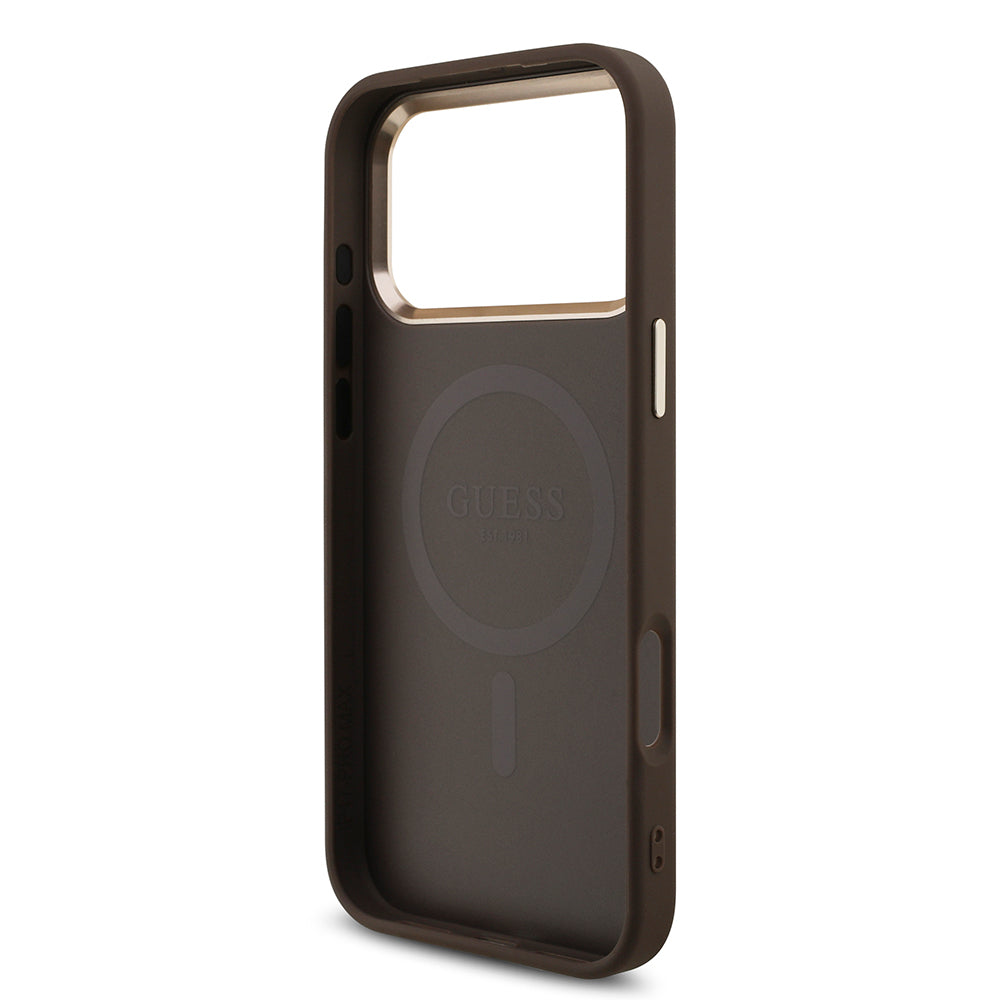 Apple iPhone 17 Pro Max Kılıf Guess Orjinal Lisanslı M-safe Şarj Özellikli Taşlı Üçgen Logo 4G Desenli Kapak Siyah