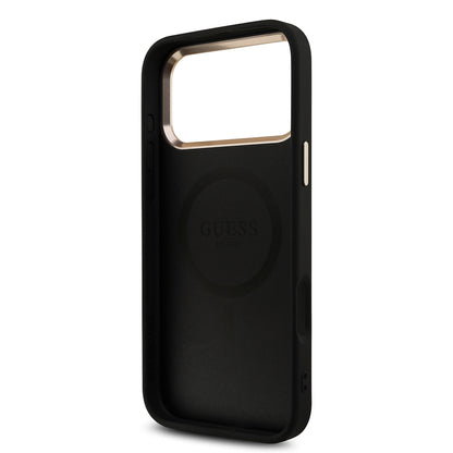 Apple iPhone 17 Pro Max Kılıf Guess Orjinal Lisanslı M-safe Şarj Özellikli Taşlı Üçgen Logo 4G Desenli Kapak Pembe