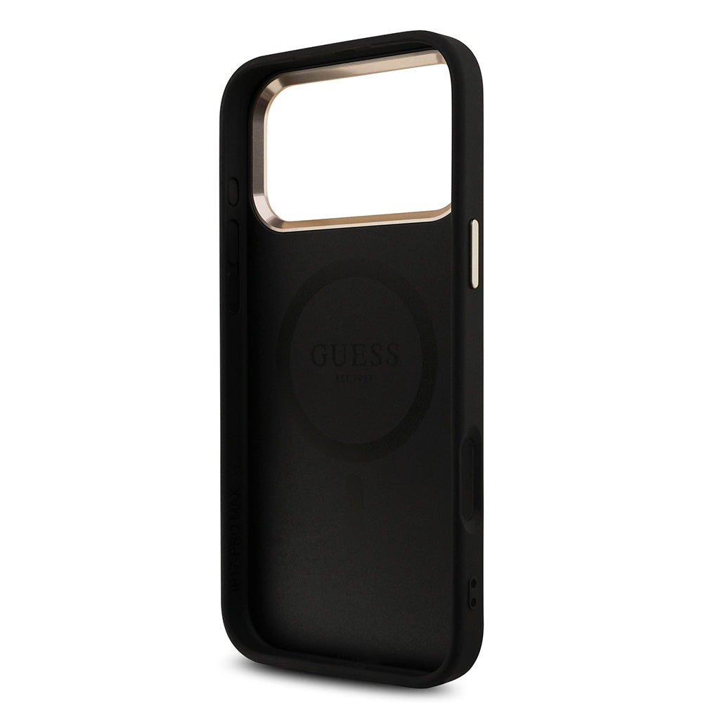 Apple iPhone 17 Pro Max Kılıf Guess Orjinal Lisanslı M-safe Şarj Özellikli Taşlı Üçgen Logo 4G Desenli Kapak Kahverengi