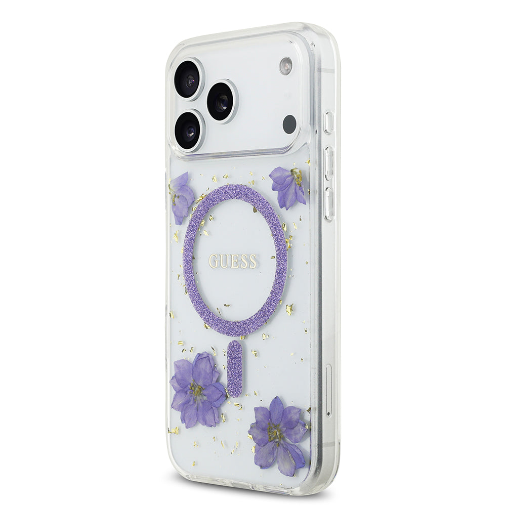 Apple iPhone 17 Pro Max Kılıf Guess Orjinal Lisanslı M-safe Şarj Özellikli Transparan Resin Flowers Kapak Mor