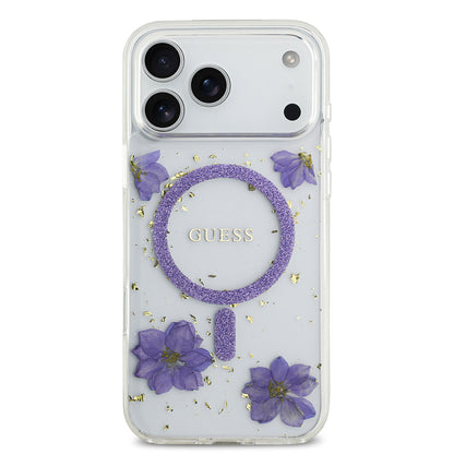 Apple iPhone 17 Pro Max Kılıf Guess Orjinal Lisanslı M-safe Şarj Özellikli Transparan Resin Flowers Kapak Mor