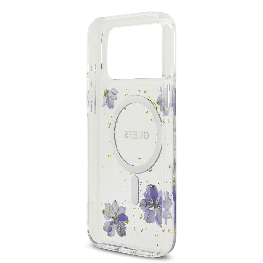 Apple iPhone 17 Pro Max Kılıf Guess Orjinal Lisanslı M-safe Şarj Özellikli Transparan Resin Flowers Kapak Mor