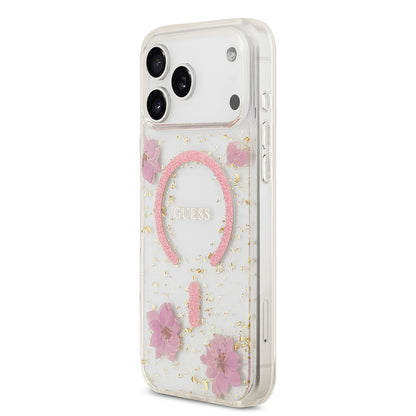 Apple iPhone 17 Pro Max Kılıf Guess Orjinal Lisanslı M-safe Şarj Özellikli Transparan Resin Flowers Kapak Pembe