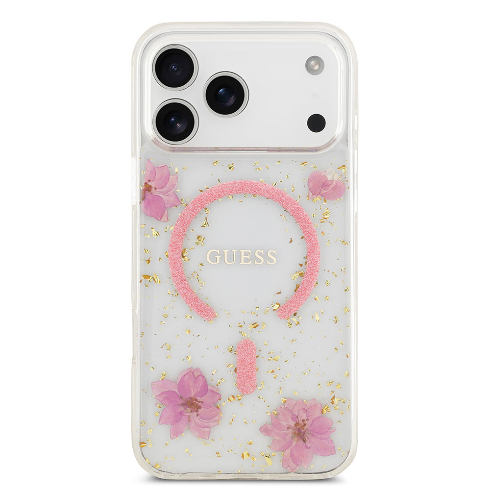 Apple iPhone 17 Pro Max Kılıf Guess Orjinal Lisanslı M-safe Şarj Özellikli Transparan Resin Flowers Kapak Mor