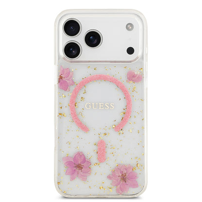 Apple iPhone 17 Pro Max Kılıf Guess Orjinal Lisanslı M-safe Şarj Özellikli Transparan Resin Flowers Kapak Mor