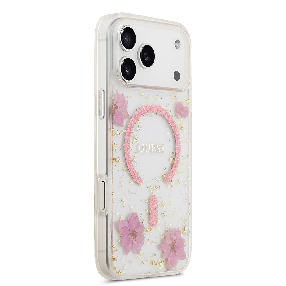 Apple iPhone 17 Pro Max Kılıf Guess Orjinal Lisanslı M-safe Şarj Özellikli Transparan Resin Flowers Kapak Mor
