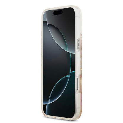Apple iPhone 17 Pro Max Kılıf Guess Orjinal Lisanslı M-safe Şarj Özellikli Transparan Resin Flowers Kapak Pembe