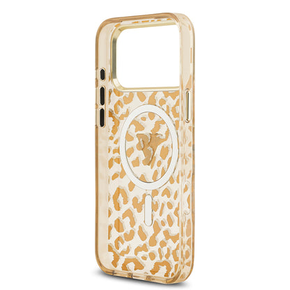 Apple iPhone 17 Pro Max Kılıf Guess Orjinal Lisanslı M-safe Şarj Özellikli Üçgen Logolu Simli Leopar Desenli Kapak Kahverengi