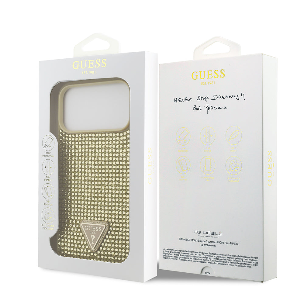 Apple iPhone 17 Pro Max Kılıf Guess Orjinal Lisanslı Taşlı Arka Yüzey Üçgen Logolu Kapak Pembe