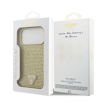 Apple iPhone 17 Pro Max Kılıf Guess Orjinal Lisanslı Taşlı Arka Yüzey Üçgen Logolu Kapak Pembe