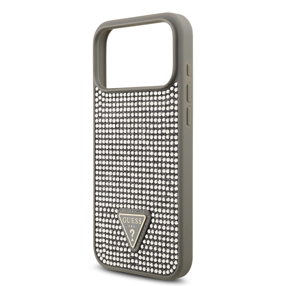 Apple iPhone 17 Pro Max Kılıf Guess Orjinal Lisanslı Taşlı Arka Yüzey Üçgen Logolu Kapak Pembe