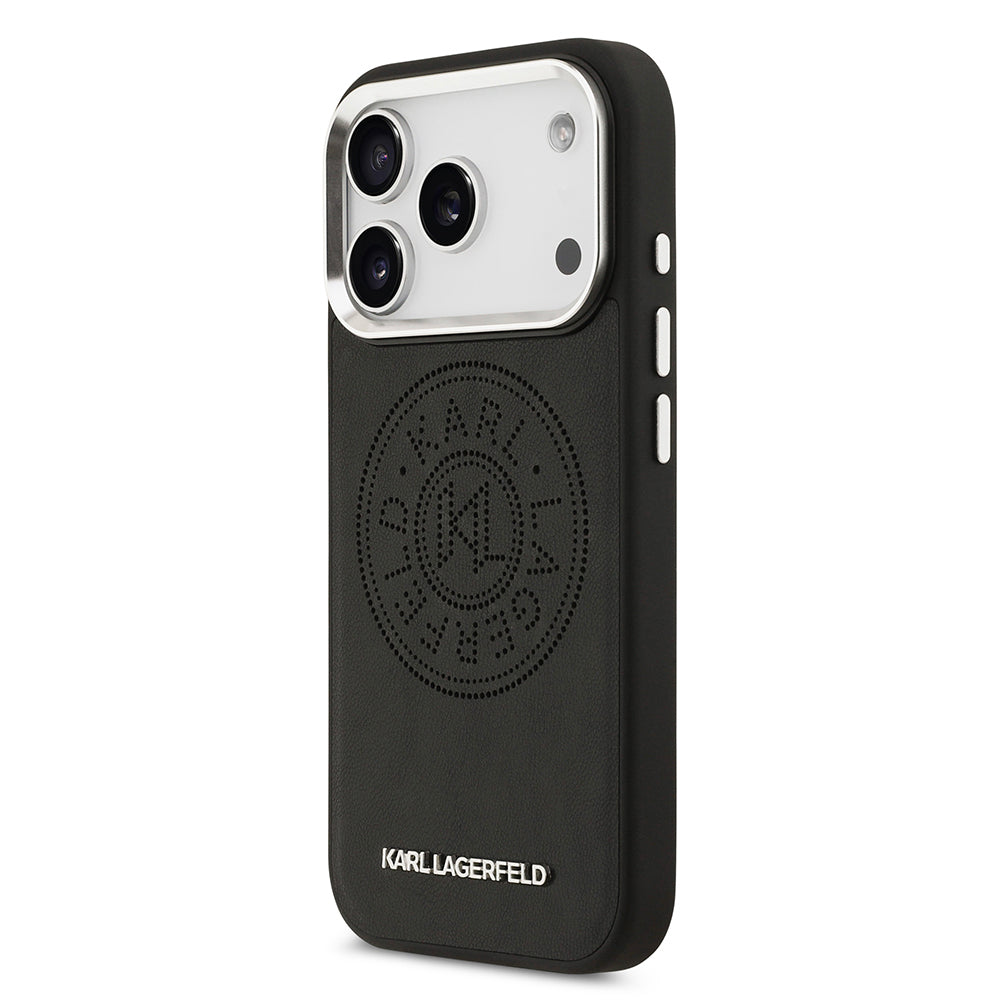 Apple iPhone 17 Pro Max Kılıf Karl Lagerfeld Orjinal Lisanslı M-safe Şarj Özellikli Delikli Tasarım Metal Logolu PU Deri Kapak Siyah