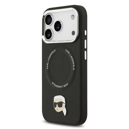 Apple iPhone 17 Pro Max Kılıf Karl Lagerfeld Orjinal Lisanslı M-safe Şarj Özellikli Metal Kamera ve Buton Tasarımlı Karl PU Deri Kapak Siyah