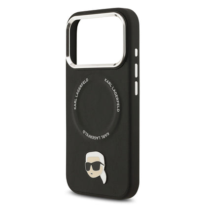 Apple iPhone 17 Pro Max Kılıf Karl Lagerfeld Orjinal Lisanslı M-safe Şarj Özellikli Metal Kamera ve Buton Tasarımlı Karl PU Deri Kapak Siyah