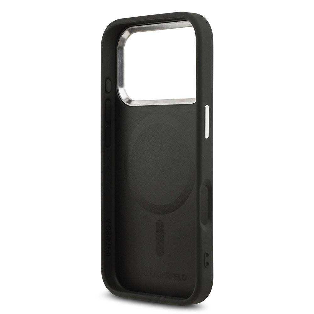 Apple iPhone 17 Pro Max Kılıf Karl Lagerfeld Orjinal Lisanslı M-safe Şarj Özellikli Metal Kamera ve Buton Tasarımlı Karl PU Deri Kapak Siyah