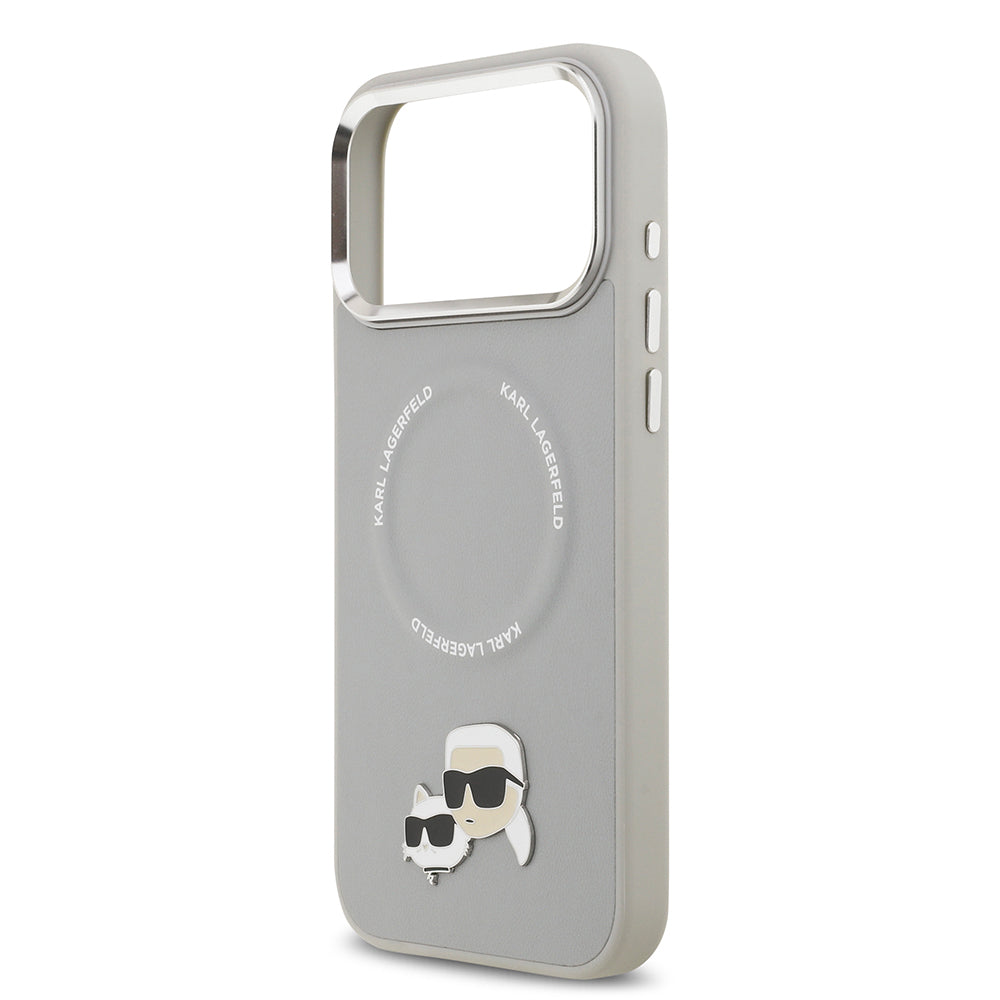 Apple iPhone 17 Pro Max Kılıf Karl Lagerfeld Orjinal Lisanslı M-safe Şarj Özellikli Metal Kamera ve Buton Tasarımlı K&C PU Deri Kapak Gri