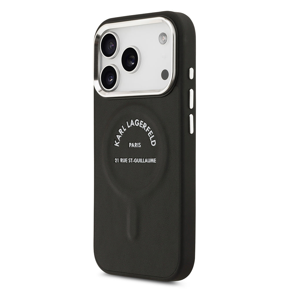 Apple iPhone 17 Pro Max Kılıf Karl Lagerfeld Orjinal Lisanslı M-safe Şarj Özellikli Metal Kamera ve Buton Tasarımlı Paris RSG PU Deri Kapak Siyah