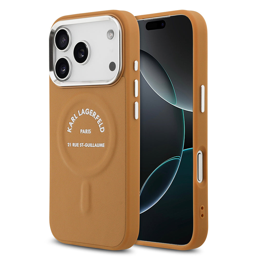 Apple iPhone 17 Pro Max Kılıf Karl Lagerfeld Orjinal Lisanslı M-safe Şarj Özellikli Metal Kamera ve Buton Tasarımlı Paris RSG PU Deri Kapak Kahverengi