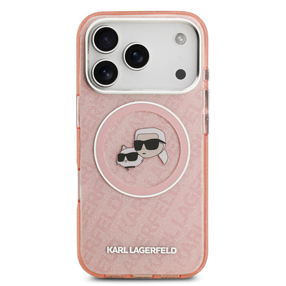 Apple iPhone 17 Pro Max Kılıf Karl Lagerfeld Orjinal Lisanslı Parlayan Simli Karl & Choupette Heads Kapak Pembe