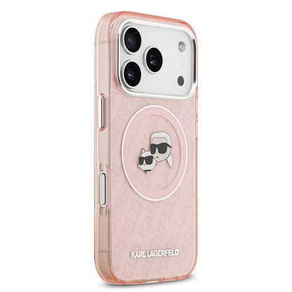 Apple iPhone 17 Pro Max Kılıf Karl Lagerfeld Orjinal Lisanslı Parlayan Simli Karl & Choupette Heads Kapak Gri