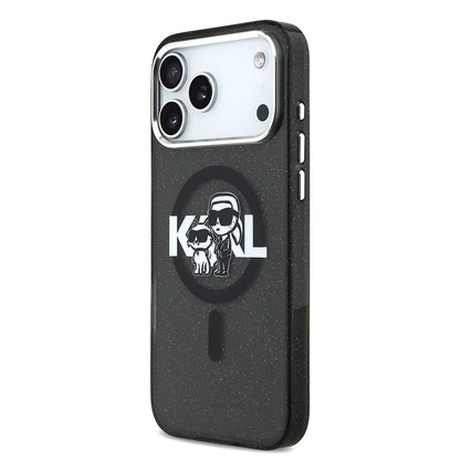 Apple iPhone 17 Pro Max Kılıf Karl Lagerfeld Orjinal Lisanslı Parlayan Simli Karl & Choupette Sketch Logo Kapak Siyah