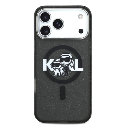 Apple iPhone 17 Pro Max Kılıf Karl Lagerfeld Orjinal Lisanslı Parlayan Simli Karl & Choupette Sketch Logo Kapak Siyah