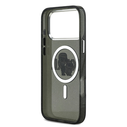 Apple iPhone 17 Pro Max Kılıf Karl Lagerfeld Orjinal Lisanslı Parlayan Simli Karl & Choupette Sketch Logo Kapak Siyah