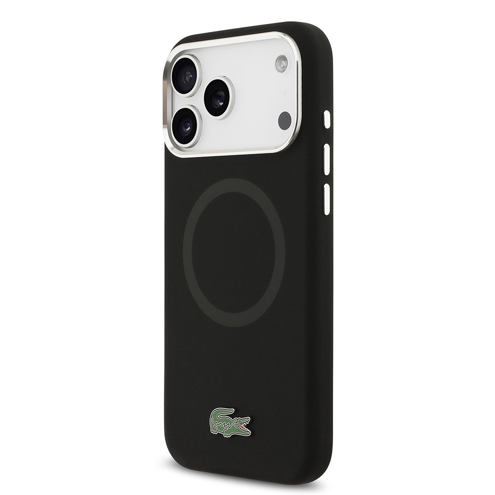Apple iPhone 17 Pro Max Kılıf Lacoste Orjinal Lisanslı M-safe Şarj Özellikli İkonik Logolu Metal Kamera Çerçeveli Silikon Kapak Siyah