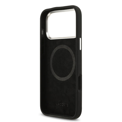 Apple iPhone 17 Pro Max Kılıf Lacoste Orjinal Lisanslı M-safe Şarj Özellikli İkonik Logolu Metal Kamera Çerçeveli Silikon Kapak Siyah