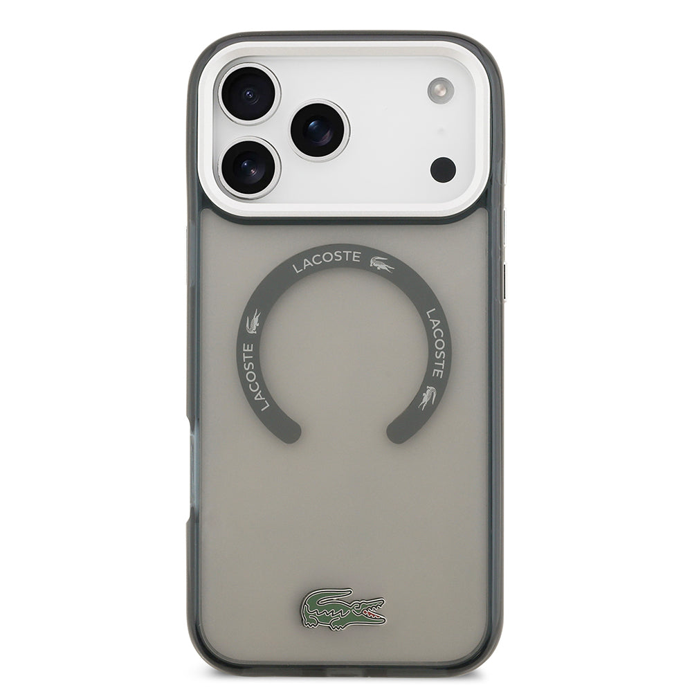 Apple iPhone 17 Pro Max Kılıf Lacoste Orjinal Lisanslı M-safe Şarj Özellikli İkonik Timsah Logolu Buzlu Kapak Gri