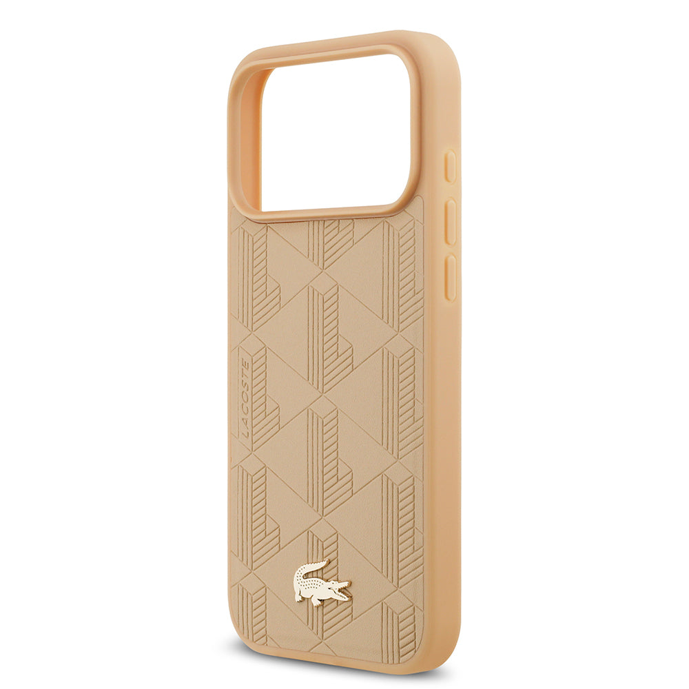 Apple iPhone 17 Pro Max Kılıf Lacoste Orjinal Lisanslı M-safe Şarj Özellikli PU Deri Tasarımlı Karışık Monogram Desenli Kapak Siyah