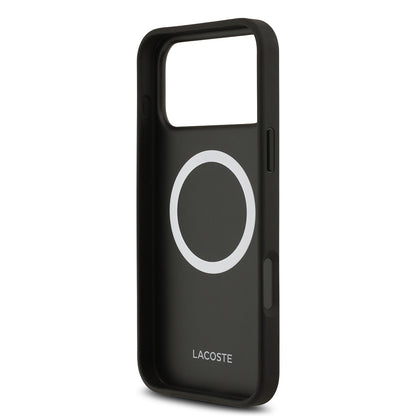 Apple iPhone 17 Pro Max Kılıf Lacoste Orjinal Lisanslı M-safe Şarj Özellikli PU Deri Tasarımlı Kartlıklı Karışık Monogram Desenli Kapak Siyah