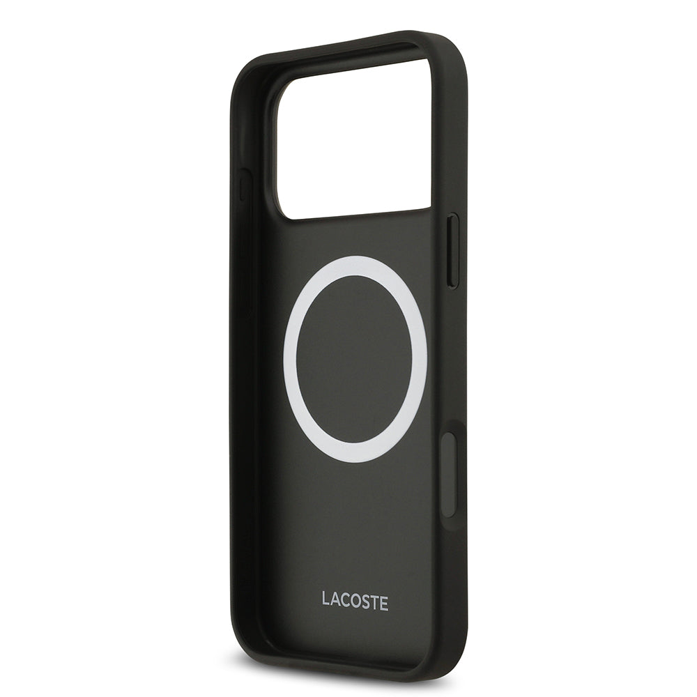 Apple iPhone 17 Pro Max Kılıf Lacoste Orjinal Lisanslı M-safe Şarj Özellikli PU Deri Tasarımlı Kartlıklı Karışık Monogram Desenli Kapak Siyah