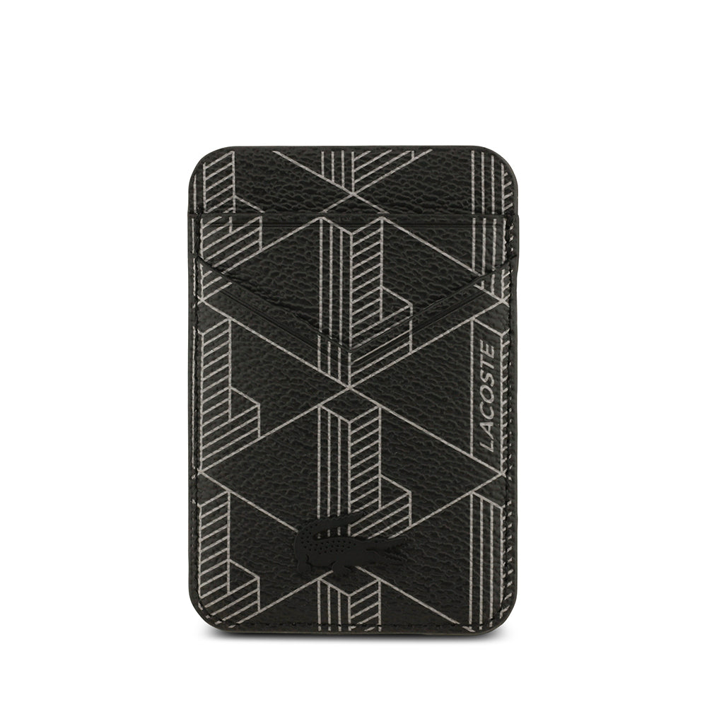 Apple iPhone 17 Pro Max Kılıf Lacoste Orjinal Lisanslı M-safe Şarj Özellikli PU Deri Tasarımlı Kartlıklı Karışık Monogram Desenli Kapak Siyah