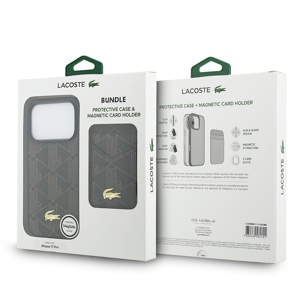 Apple iPhone 17 Pro Max Kılıf Lacoste Orjinal Lisanslı M-safe Şarj Özellikli PU Deri Tasarımlı Kartlıklı Karışık Monogram Desenli Kapak