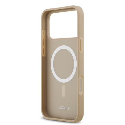 Apple iPhone 17 Pro Max Kılıf Lacoste Orjinal Lisanslı M-safe Şarj Özellikli PU Pike Desenli Metal Logolu Kartlıklı Kapak Bej