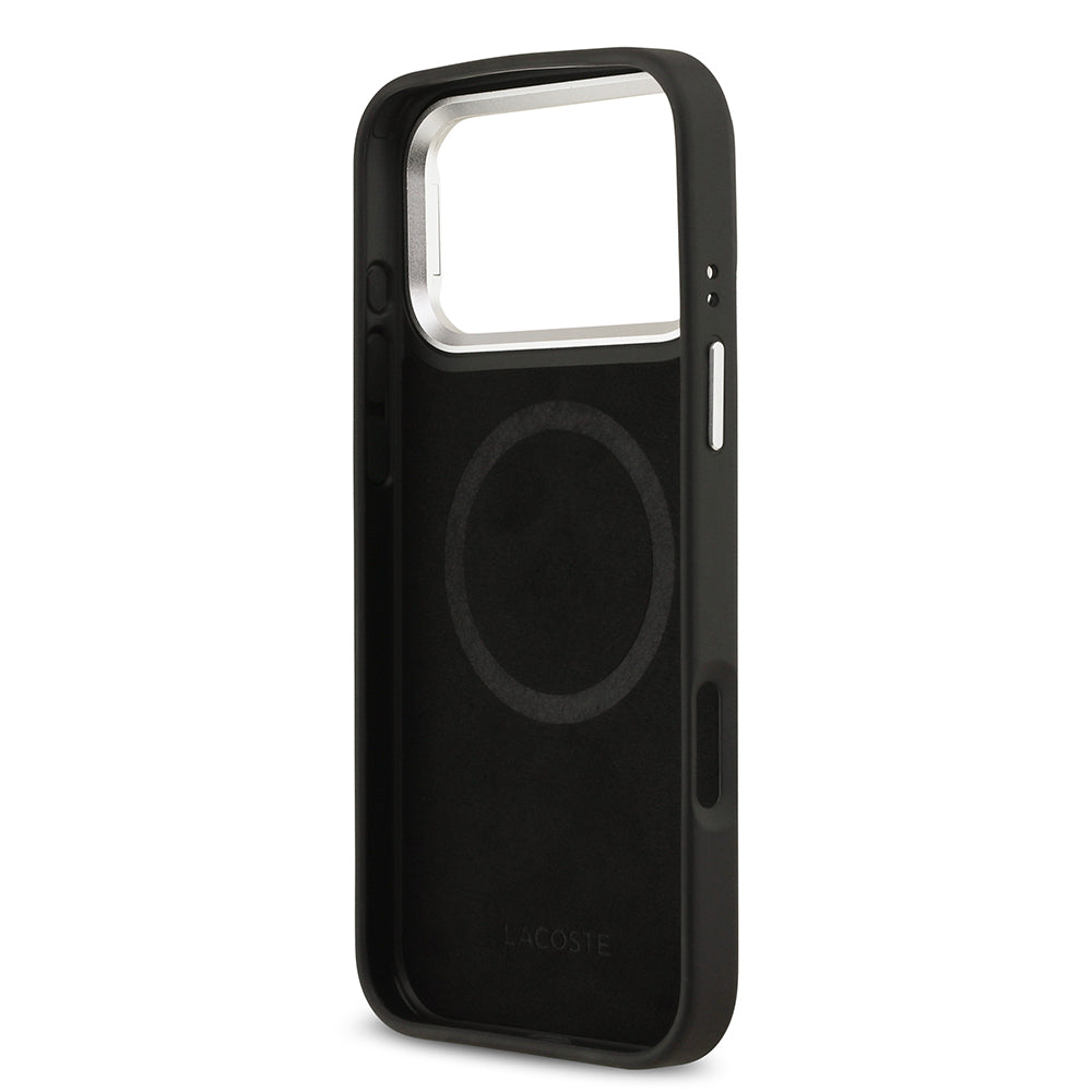 Apple iPhone 17 Pro Max Kılıf Lacoste Orjinal Lisanslı M-safe Şarj Özellikli PU Pike Desenli Standlı Metal Logolu Kapak Koyu Yeşil