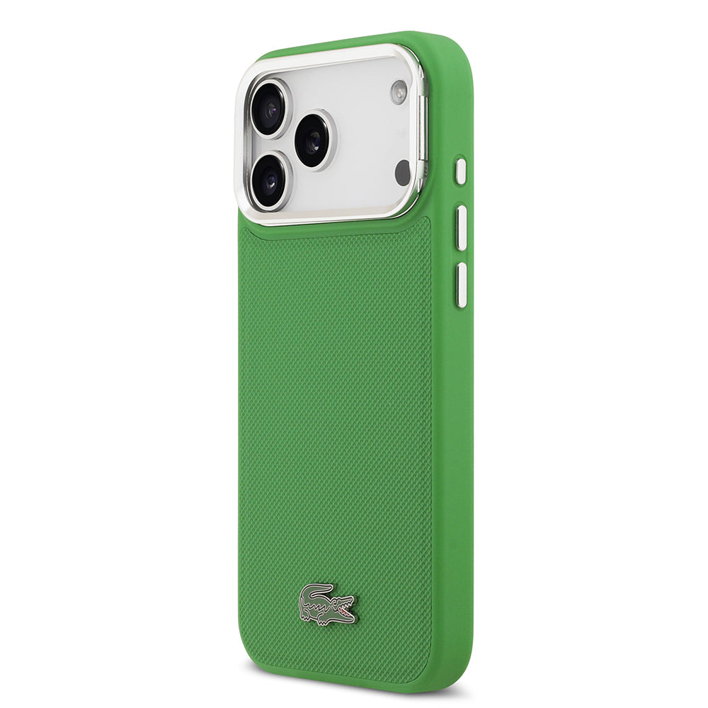 Apple iPhone 17 Pro Max Kılıf Lacoste Orjinal Lisanslı M-safe Şarj Özellikli PU Pike Desenli Standlı Metal Logolu Kapak Yeşil