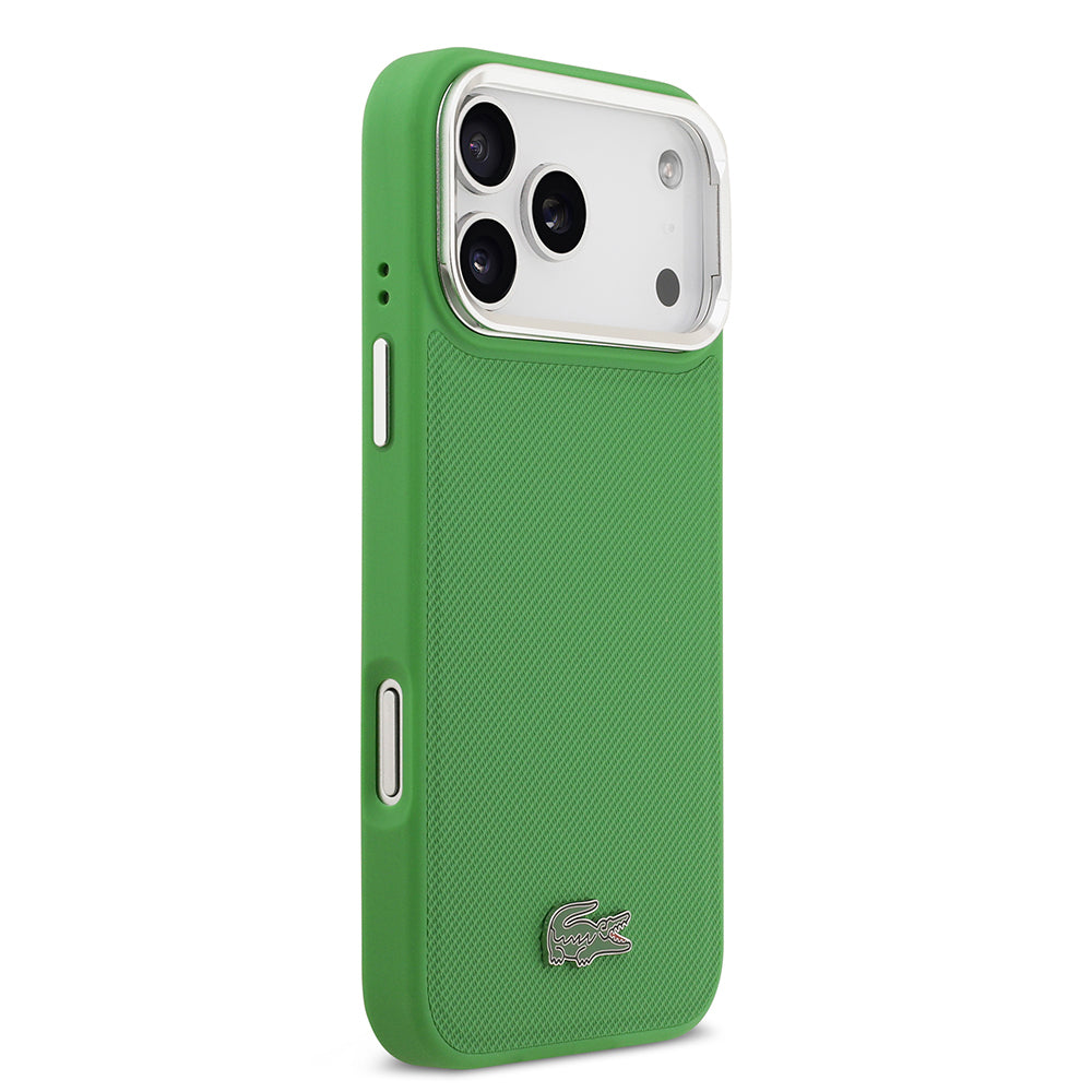 Apple iPhone 17 Pro Max Kılıf Lacoste Orjinal Lisanslı M-safe Şarj Özellikli PU Pike Desenli Standlı Metal Logolu Kapak Siyah