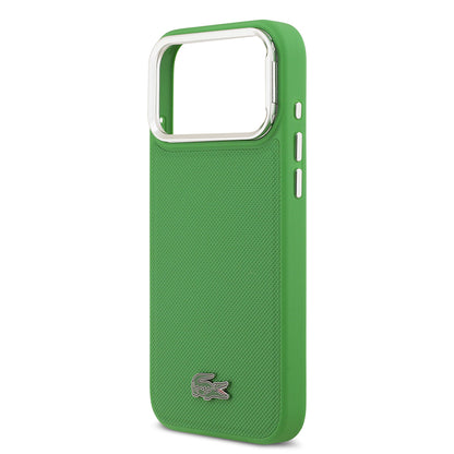 Apple iPhone 17 Pro Max Kılıf Lacoste Orjinal Lisanslı M-safe Şarj Özellikli PU Pike Desenli Standlı Metal Logolu Kapak Yeşil