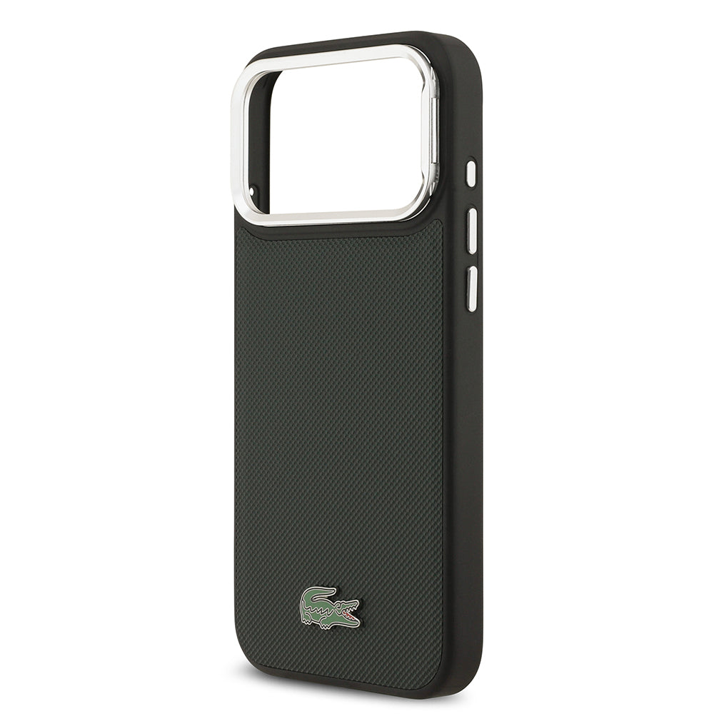 Apple iPhone 17 Pro Max Kılıf Lacoste Orjinal Lisanslı M-safe Şarj Özellikli PU Pike Desenli Standlı Metal Logolu Kapak Siyah