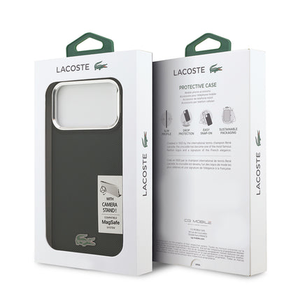 Apple iPhone 17 Pro Max Kılıf Lacoste Orjinal Lisanslı M-safe Şarj Özellikli PU Pike Desenli Standlı Metal Logolu Kapak Siyah