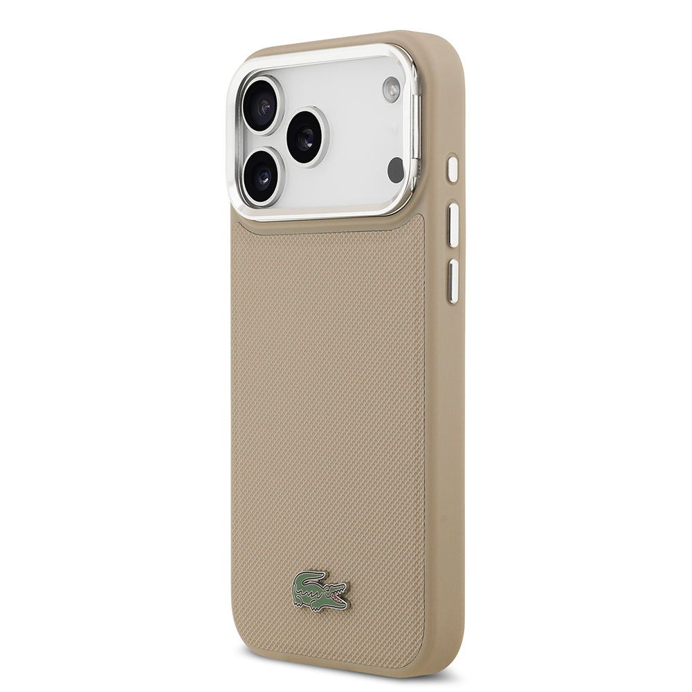 Apple iPhone 17 Pro Max Kılıf Lacoste Orjinal Lisanslı M-safe Şarj Özellikli PU Pike Desenli Standlı Metal Logolu Kapak Bej