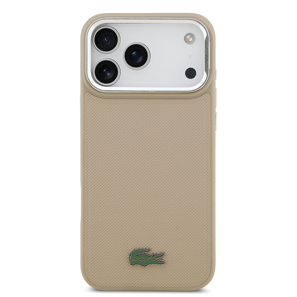 Apple iPhone 17 Pro Max Kılıf Lacoste Orjinal Lisanslı M-safe Şarj Özellikli PU Pike Desenli Standlı Metal Logolu Kapak Siyah