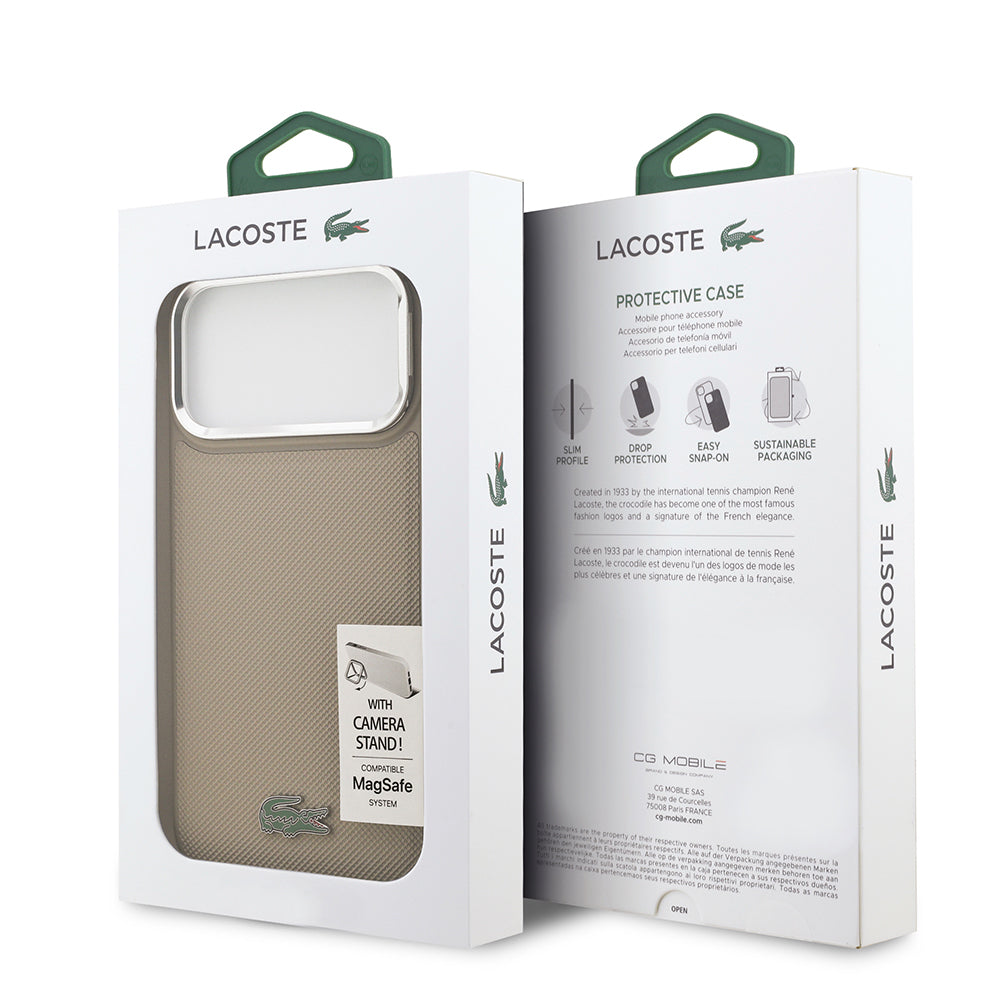 Apple iPhone 17 Pro Max Kılıf Lacoste Orjinal Lisanslı M-safe Şarj Özellikli PU Pike Desenli Standlı Metal Logolu Kapak Siyah