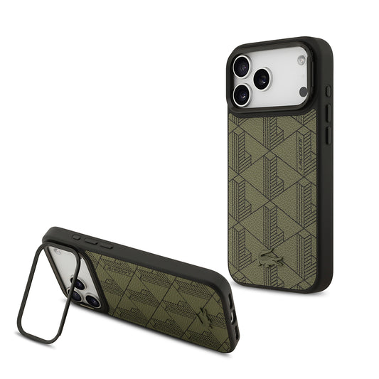 Apple iPhone 17 Pro Max Kılıf Lacoste Orjinal Lisanslı M-safe Şarj Özellikli Standlı PU Deri Karışık Monogram Desenli Kapak Yeşil