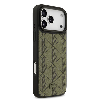 Apple iPhone 17 Pro Max Kılıf Lacoste Orjinal Lisanslı M-safe Şarj Özellikli Standlı PU Deri Karışık Monogram Desenli Kapak Yeşil