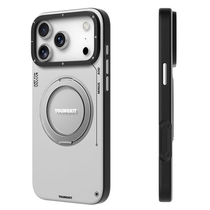 Apple iPhone 17 Pro Max Kılıf M-safe Şarj Özellikli 360 Derece Standlı Basit Mat Deri Desenli Youngkit Tech Leather Serisi Kapak Kahverengi