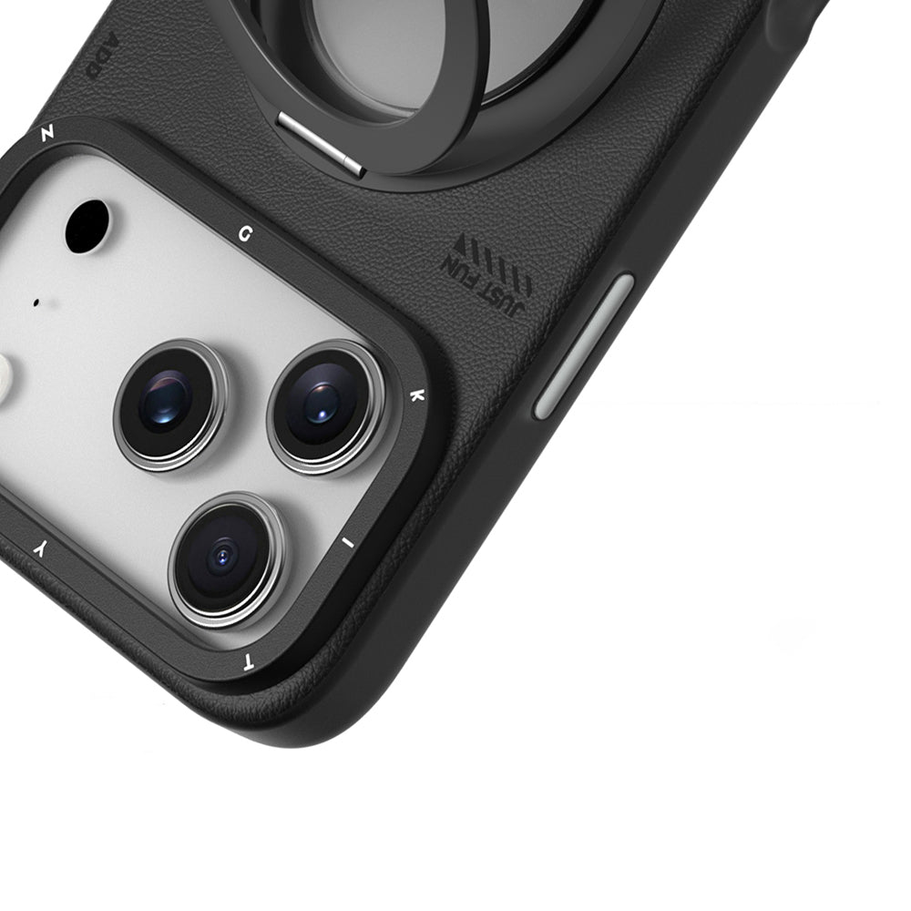 Apple iPhone 17 Pro Max Kılıf M-safe Şarj Özellikli 360 Derece Standlı Basit Mat Deri Desenli Youngkit Tech Leather Serisi Kapak Gri