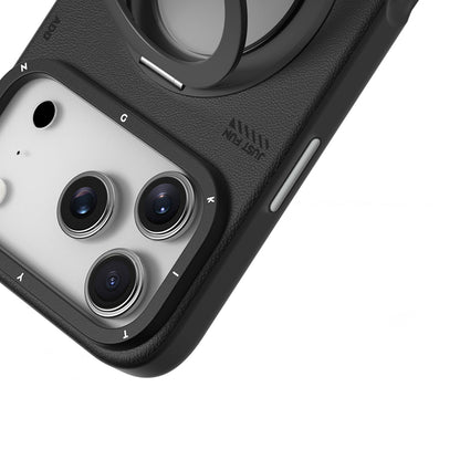 Apple iPhone 17 Pro Max Kılıf M-safe Şarj Özellikli 360 Derece Standlı Basit Mat Deri Desenli Youngkit Tech Leather Serisi Kapak Gri